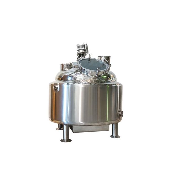 Frontal view of jacketed 500L Distillation Kettle with 8inch column connections and glass manway 